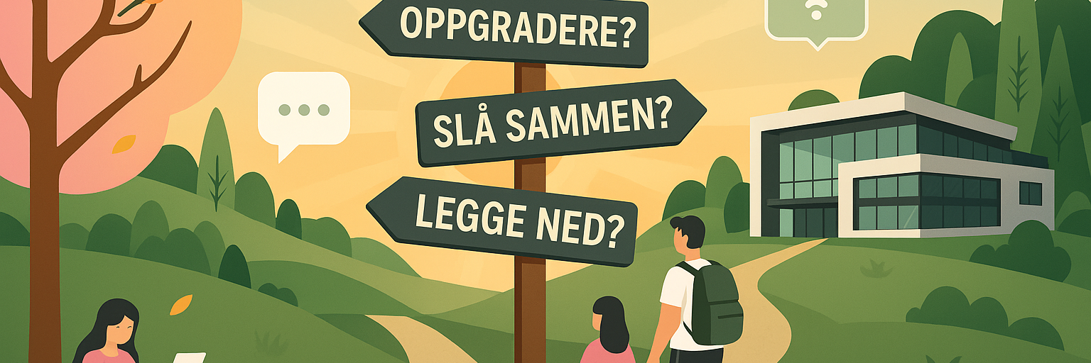 Illustrasjon med veiskilt som viser ulike alternativer for framtidsløsning skoler i Enebakk kommune